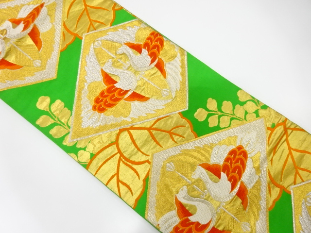 JAPANESE KIMONO / ANTIQUE FUKURO OBI / SILK / WOVEN CRANE & PAULOWNIA